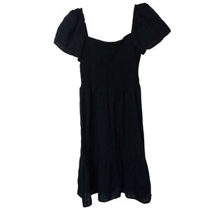 GAP Black Plaid Smocked Square Neck Puff Sleeve Tiered Midi Dress Women's Medium
